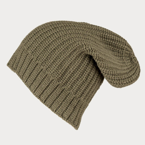 Ribbed Olive Green Cashmere Slouch Beanie Hat