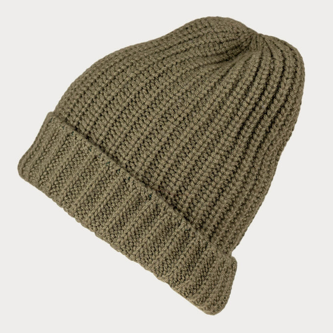 Ribbed Olive Green Cashmere Slouch Beanie Hat