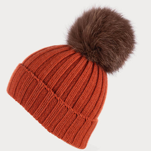 Rust Orange Cashmere and Fur Pom Pom Beanie
