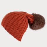 Rust Orange Cashmere and Fur Pom Pom Beanie