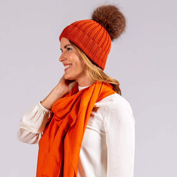 Rust Orange Cashmere and Fur Pom Pom Beanie