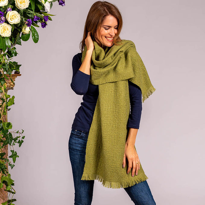 Super Luxe  Peridot Green Basket Weave Cashmere Shawl