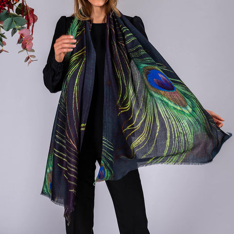Peacock Print Cashmere and Silk Wrap
