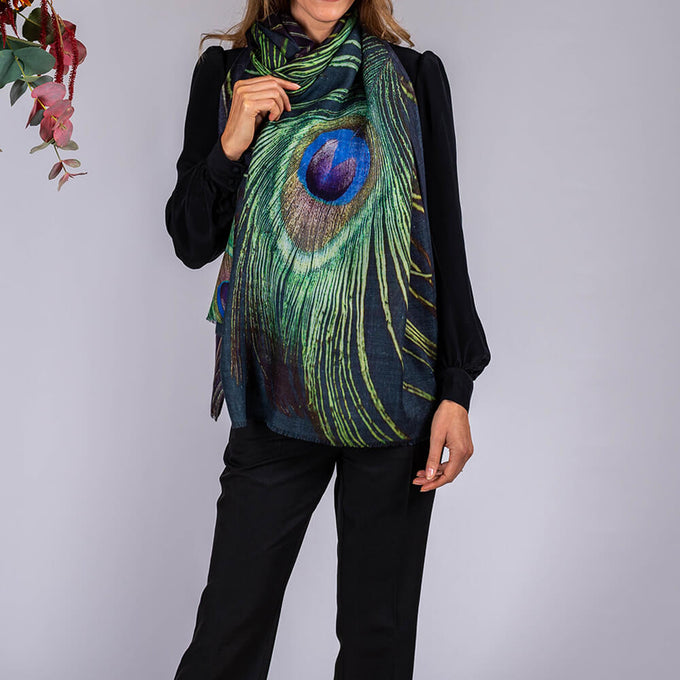 Peacock Print Superfine Wool Wrap
