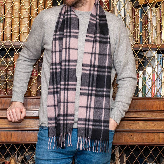 Soft Pink and Black Plaid Check Cashmere Scarf