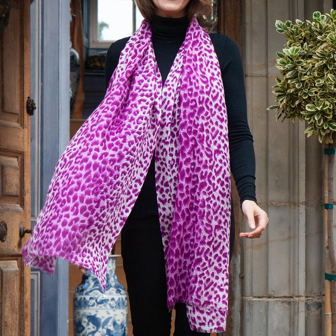 Hot Pink Leopard Print Cashmere and Silk Scarf