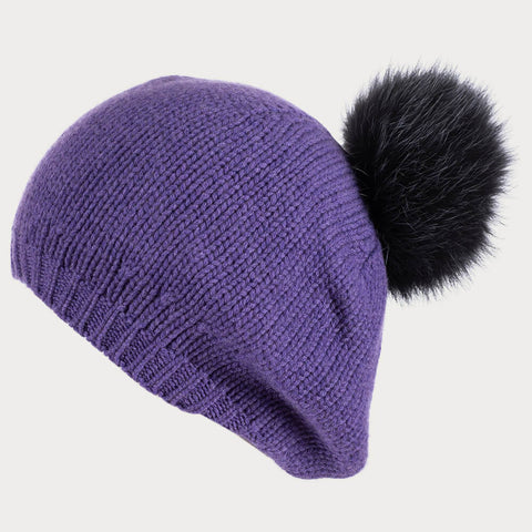 Purple Cashmere and Fur Pom Pom Beret