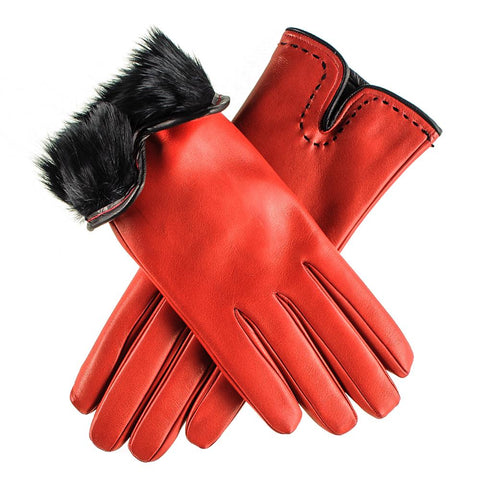 Red and Black Rabbit Fur Lined leather Gloves