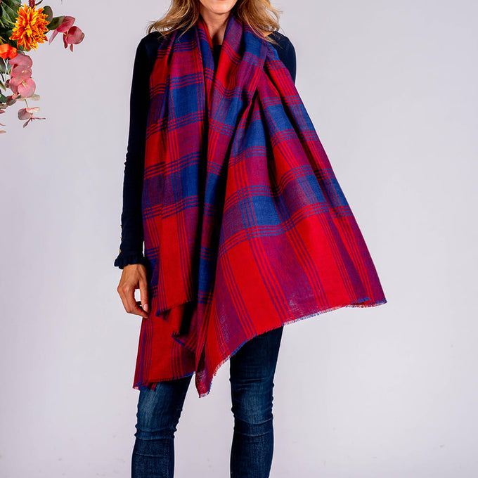 Red and Blue Check Cashmere Ring Shawl