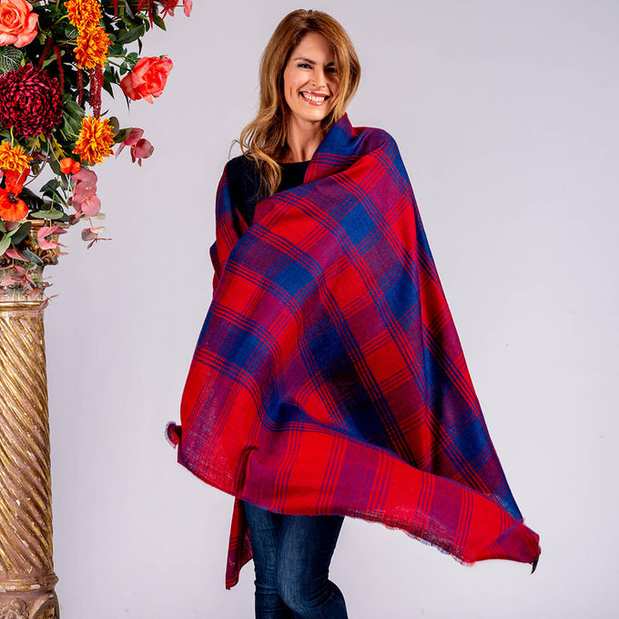 Red and Blue Check Cashmere Ring Shawl