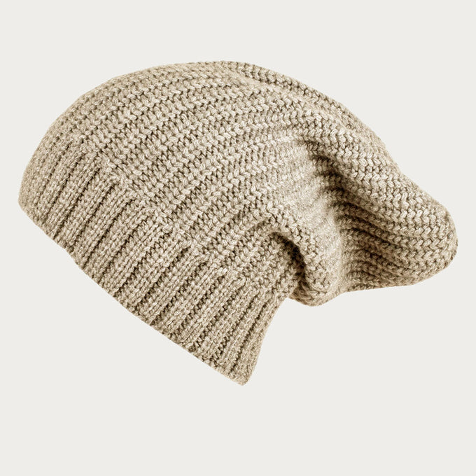 Ribbed Beige Cashmere Slouch Beanie Hat