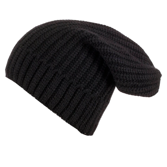 Black Ribbed Cashmere Slouch Beanie Hat