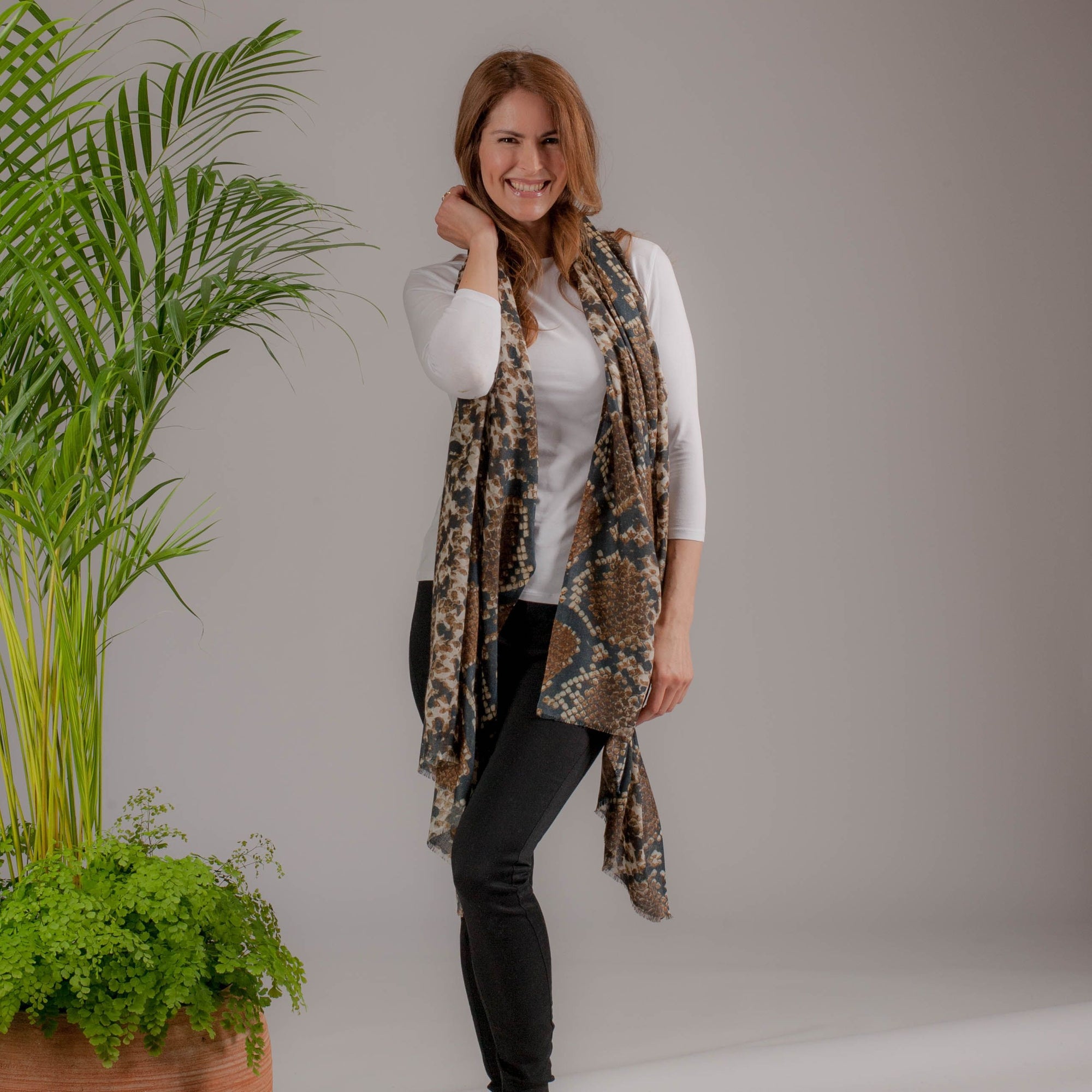 Snake Print Cashmere and Silk Scarf Black.co.uk