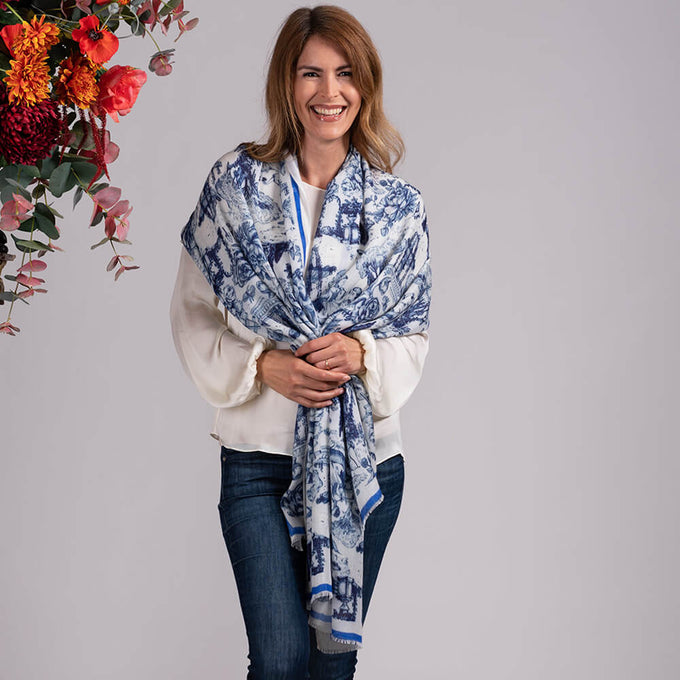 The Toile de Jouy Trilogy- Blue Toile Cashmere and Silk Wrap