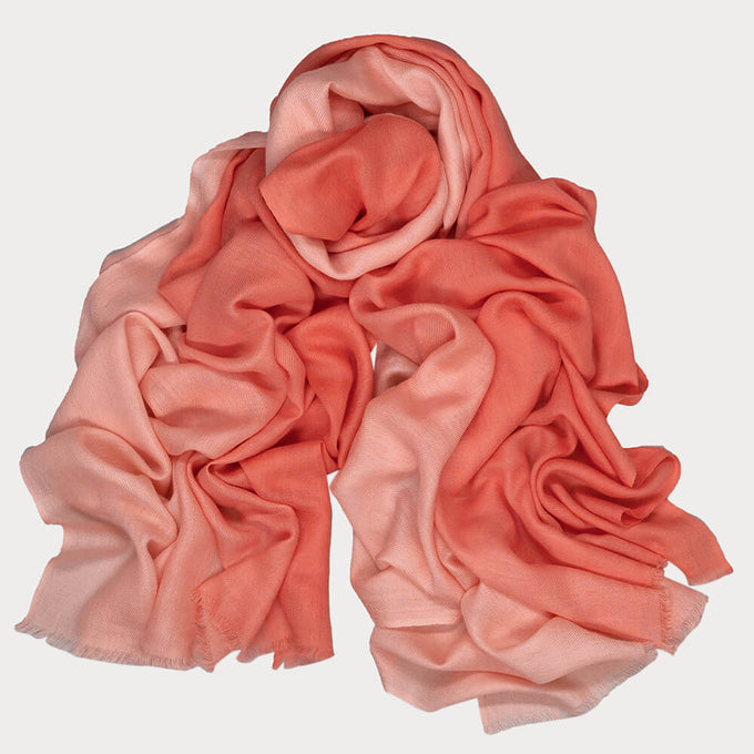 Soft Coral to Peach Shaded Cashmere and Silk Wrap