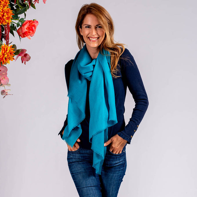 Peacock to Teal Shaded Cashmere and Silk Wrap