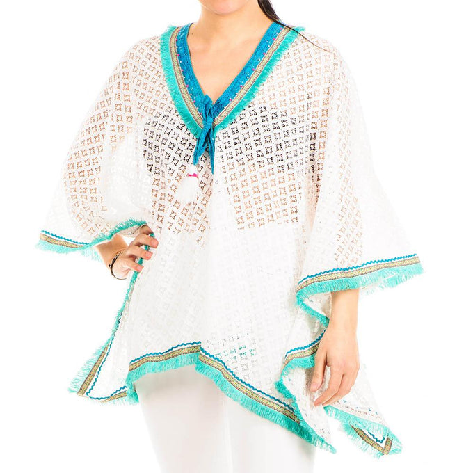 Turquoise and White Cotton Kaftan Top