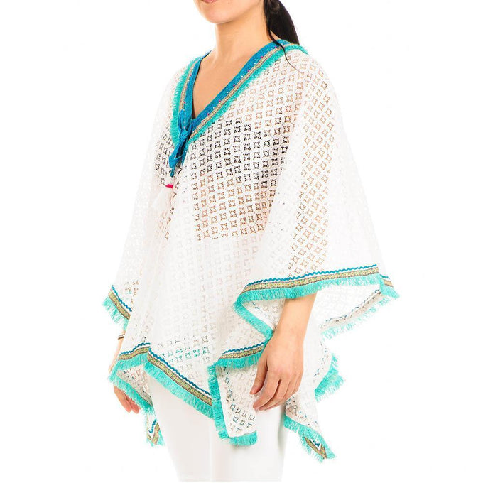 Turquoise and White Cotton Kaftan Top