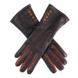 Black and Tan Leather Gloves with Button Detail - Cashmere Lined
