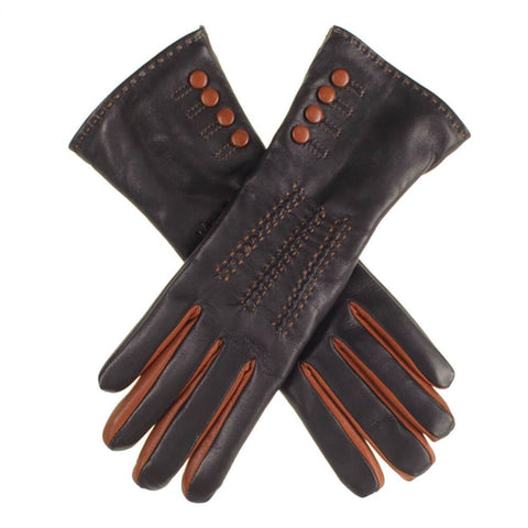 Black and Tan Leather Gloves with Button Detail - Cashmere Lined