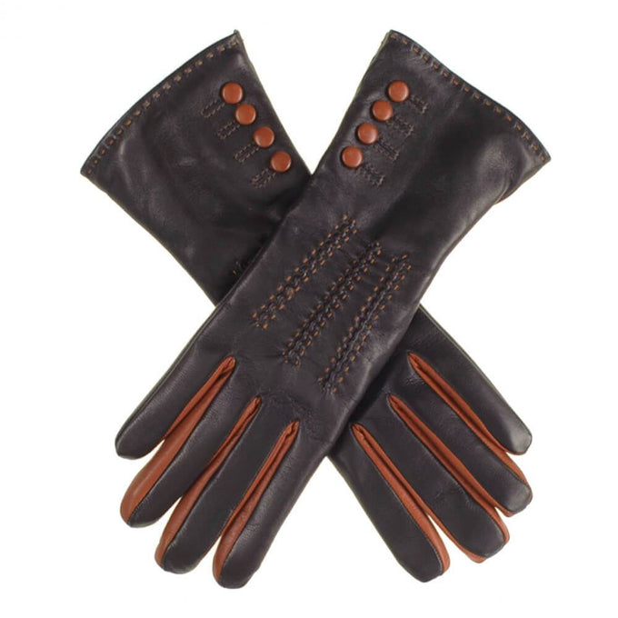Black and Tan Leather Gloves with Button Detail - Cashmere Lined
