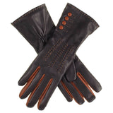 Black and Tan Leather Gloves with Button Detail - Cashmere Lined