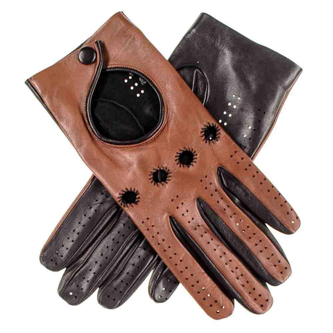 Ladies Cognac and Black Leather Driving Gloves
