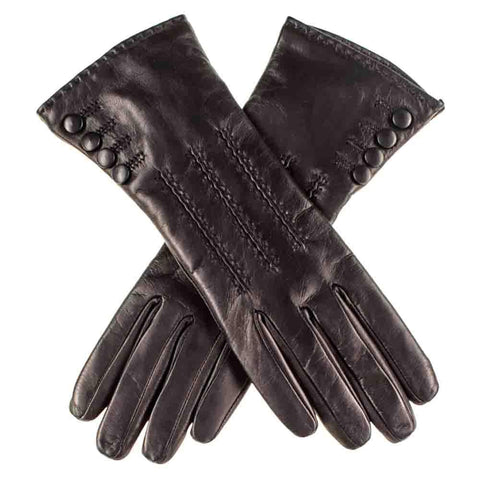 Black Leather Gloves with Button Detail - Silk Lined