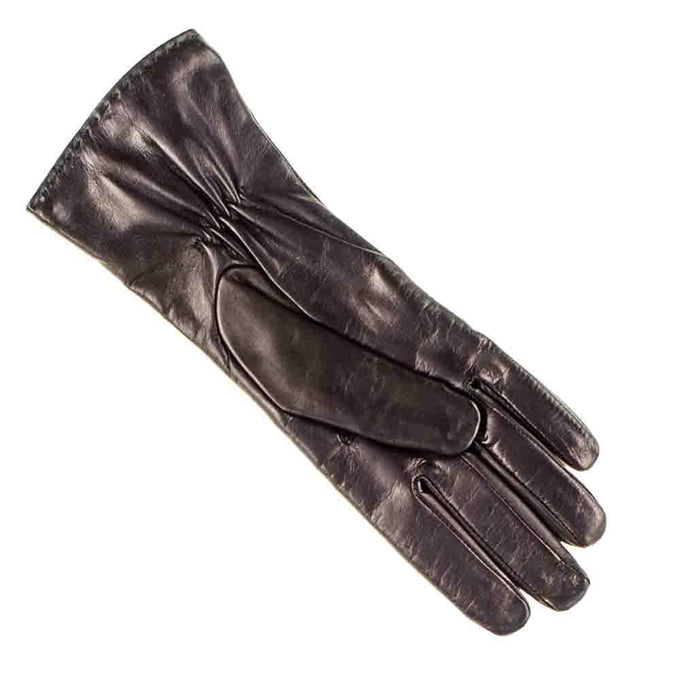 Black Leather Gloves with Button Detail - Silk Lined