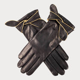 Ladies Black Bow Italian Leather Gloves - Cashmere Lined