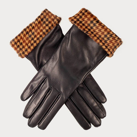 Ladies Black Italian Leather Gloves with Houndstooth Cuffs – Cashmere Lined