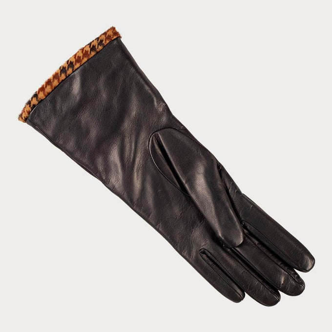 Ladies Black Italian Leather Gloves with Houndstooth Cuffs – Cashmere Lined