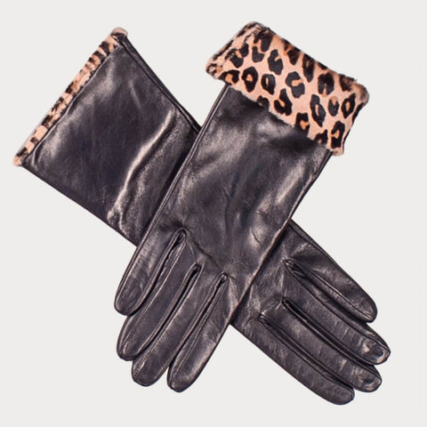Ladies Black Italian Leather gloves with Leopard Cuffs