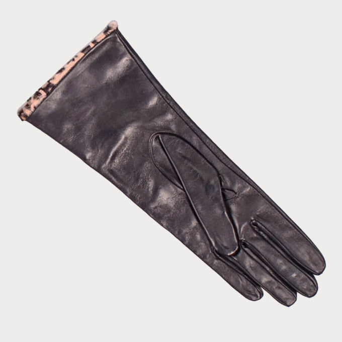 Ladies Black Italian Leather gloves with Leopard Cuffs