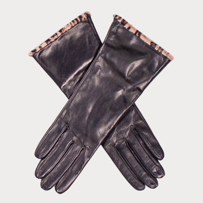 Ladies Black Italian Leather gloves with Leopard Cuffs