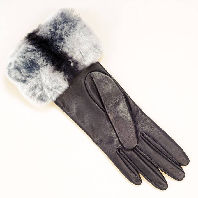 Ladies Black Leather Gloves with Chinchilla Style Rabbit Fur Cuff