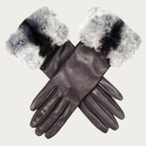 Ladies Black Leather Gloves with Chinchilla Style Rabbit Fur Cuff