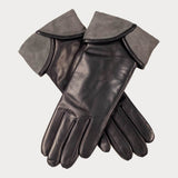 Ladies Black Leather and Grey Suede Italian Gloves - Cashmere Lined