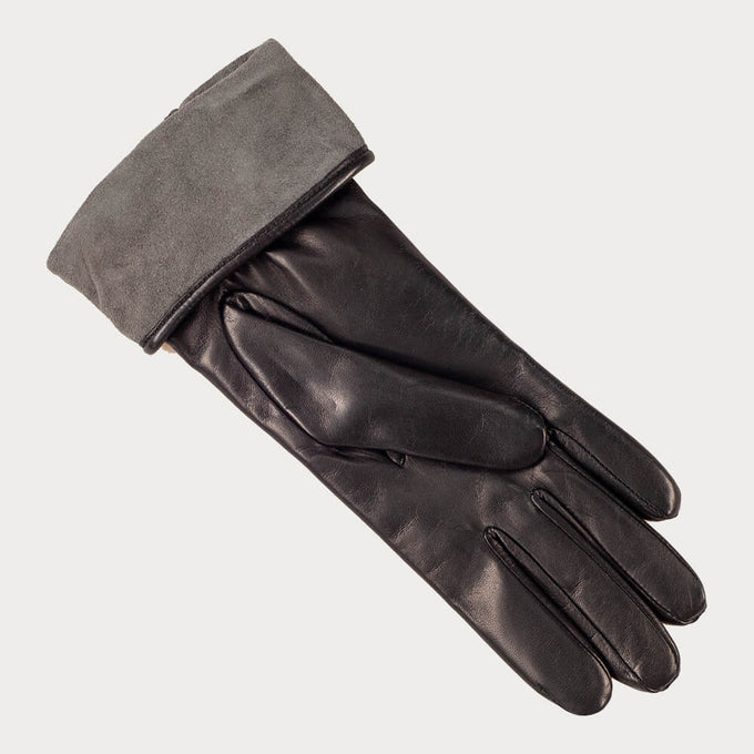 Ladies Black Leather and Grey Suede Italian Gloves - Cashmere Lined