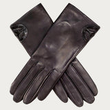 Black Italian Leather Gloves with Patent Detail - Silk Lined