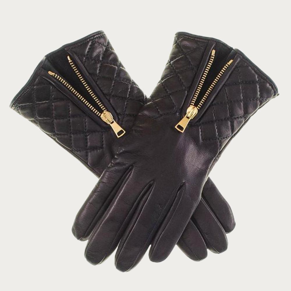 Womens Black Leather Quilted Gloves Cashmere Lining –
