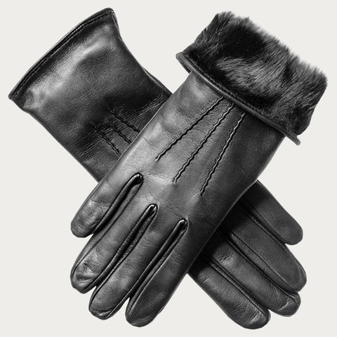 Ladies' Black Rabbit Fur Lined Leather Gloves