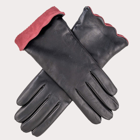 Ladies’ Scalloped Cuff Black Cashmere Lined Leather Gloves