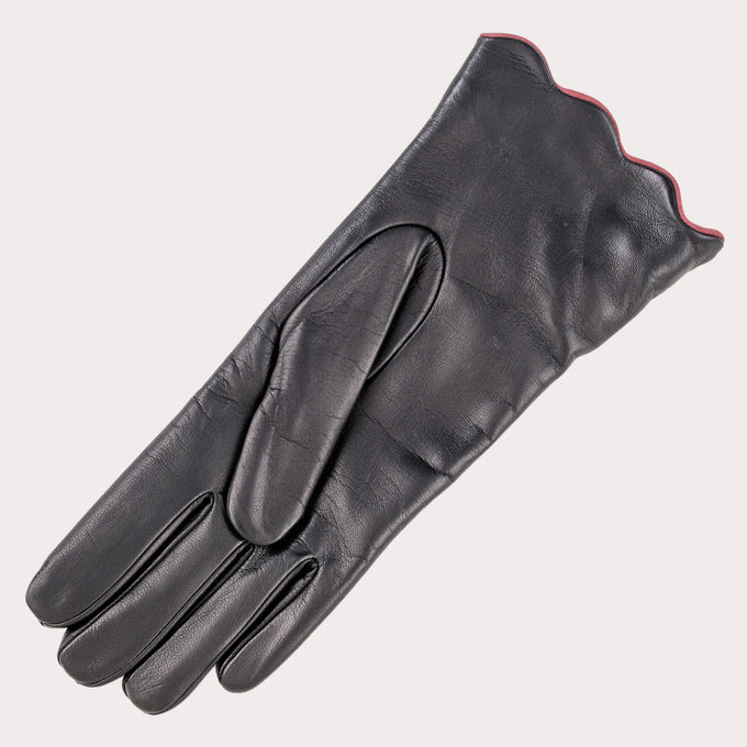 Ladies’ Scalloped Cuff Black Cashmere Lined Leather Gloves