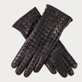 Black Woven Cashmere Lined Leather Gloves