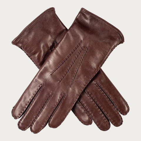 Ladies Brown Hand Stitched Cashmere Lined Leather Gloves