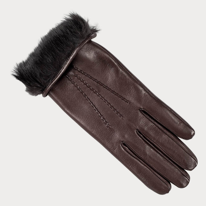 Ladies Dark Brown Rabbit Fur Lined Leather Gloves