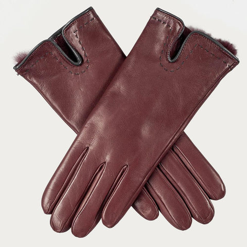 Burgundy and Grey Rabbit Fur Lined Leather Gloves