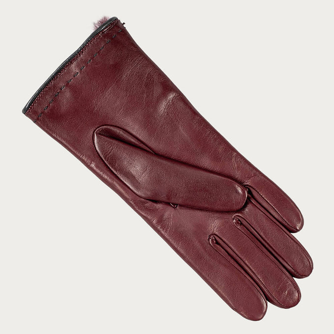 Burgundy and Grey Rabbit Fur Lined Leather Gloves