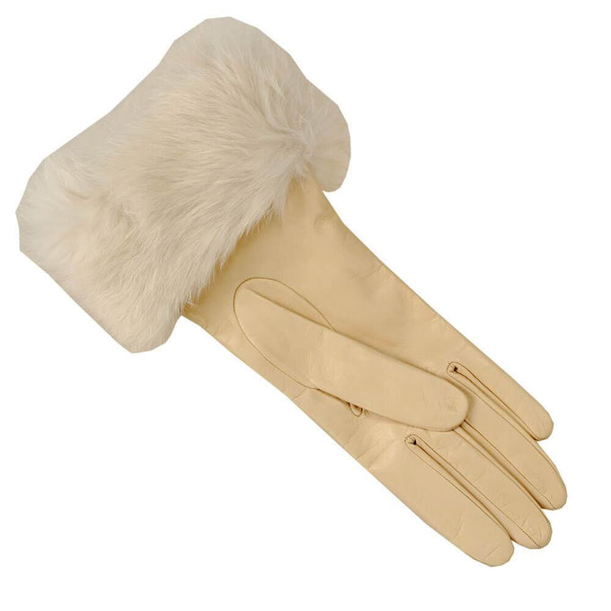 Cream Leather Gloves with Rabbit Fur Cuff